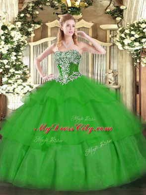 Amazing Floor Length Lace Up Vestidos de Quinceanera Green for Military Ball and Sweet 16 and Quinceanera with Beading and Ruffled Layers