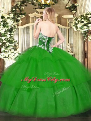 Amazing Floor Length Lace Up Vestidos de Quinceanera Green for Military Ball and Sweet 16 and Quinceanera with Beading and Ruffled Layers