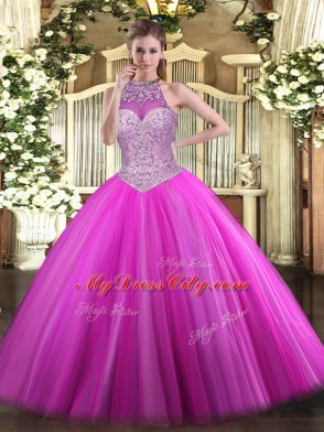 Sleeveless Floor Length Beading Lace Up Sweet 16 Dresses with Fuchsia