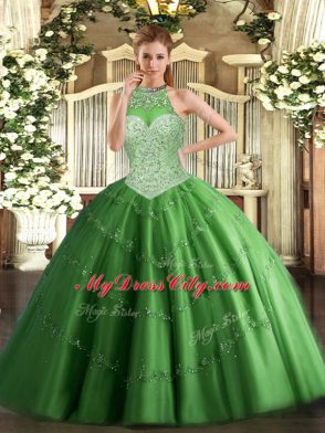 Green Lace Up Halter Top Beading and Appliques 15th Birthday Dress Tulle Sleeveless