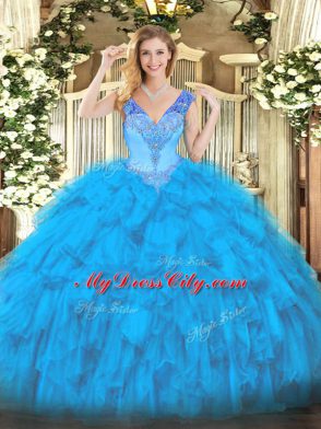 V-neck Sleeveless Organza 15th Birthday Dress Beading and Ruffles Lace Up