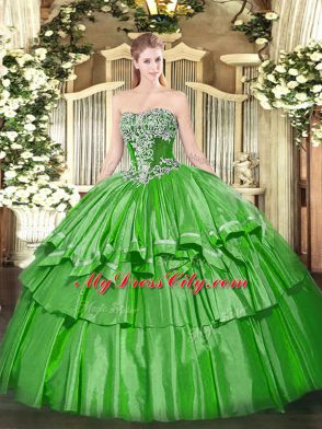 Organza and Taffeta Strapless Sleeveless Lace Up Beading and Ruffled Layers Sweet 16 Dress in Green