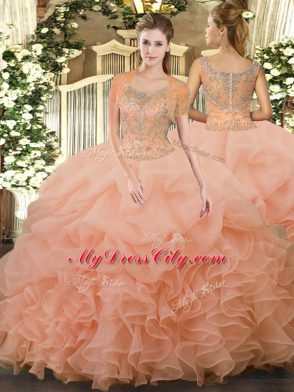 Edgy Peach 15 Quinceanera Dress Military Ball and Sweet 16 and Quinceanera with Beading and Ruffled Layers Scoop Sleeveless Clasp Handle