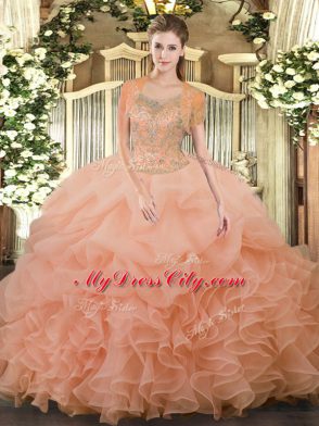 Edgy Peach 15 Quinceanera Dress Military Ball and Sweet 16 and Quinceanera with Beading and Ruffled Layers Scoop Sleeveless Clasp Handle