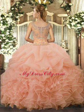 Edgy Peach 15 Quinceanera Dress Military Ball and Sweet 16 and Quinceanera with Beading and Ruffled Layers Scoop Sleeveless Clasp Handle