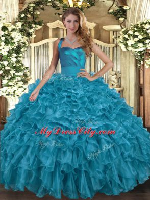 Stunning Floor Length Teal Quinceanera Gowns Halter Top Sleeveless Lace Up