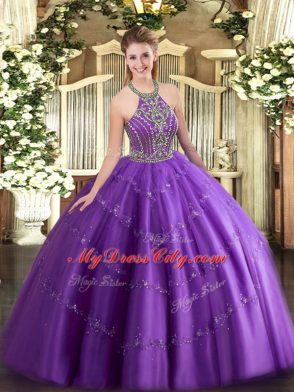 Ball Gowns Quinceanera Dress Purple Halter Top Tulle Sleeveless Floor Length Lace Up