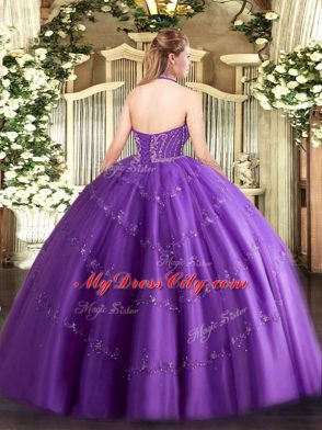 Ball Gowns Quinceanera Dress Purple Halter Top Tulle Sleeveless Floor Length Lace Up