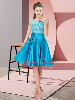 Sleeveless Knee Length Lace and Hand Made Flower Zipper Prom Evening Gown with Blue