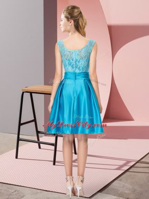 Sleeveless Knee Length Lace and Hand Made Flower Zipper Prom Evening Gown with Blue