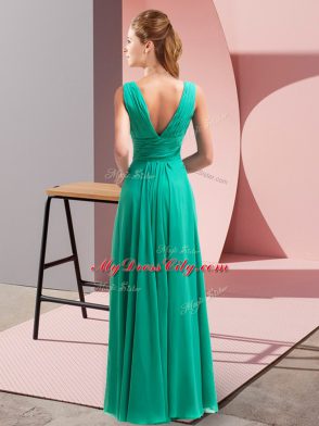 V-neck Sleeveless Prom Party Dress Floor Length Beading and Ruching Turquoise Chiffon