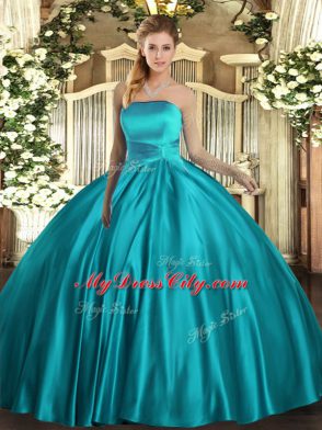 Trendy Floor Length Lace Up Quinceanera Gowns Teal for Military Ball and Sweet 16 and Quinceanera with Ruching