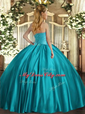 Trendy Floor Length Lace Up Quinceanera Gowns Teal for Military Ball and Sweet 16 and Quinceanera with Ruching