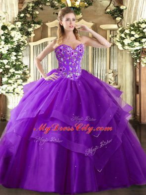 Best Eggplant Purple 15th Birthday Dress Military Ball and Sweet 16 and Quinceanera with Embroidery and Ruffled Layers Sweetheart Sleeveless Lace Up