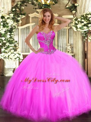 New Style Sweetheart Sleeveless Quinceanera Dress Floor Length Beading Fuchsia Tulle