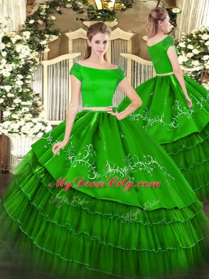 Luxurious Floor Length Zipper Sweet 16 Quinceanera Dress Green for Military Ball and Sweet 16 and Quinceanera with Embroidery and Ruffled Layers