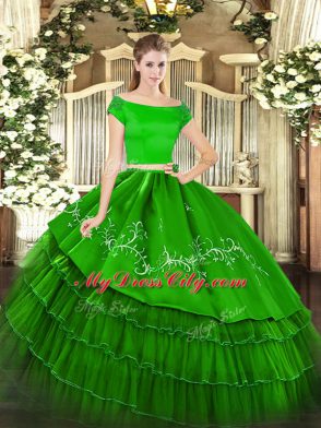 Luxurious Floor Length Zipper Sweet 16 Quinceanera Dress Green for Military Ball and Sweet 16 and Quinceanera with Embroidery and Ruffled Layers