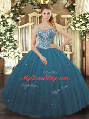 Beauteous Teal Lace Up Sweetheart Beading Quinceanera Gown Tulle Sleeveless