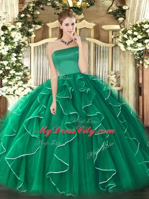 Dark Green 15 Quinceanera Dress Military Ball and Sweet 16 and Quinceanera with Ruffles Strapless Sleeveless Zipper