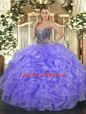 Lavender Sleeveless Organza Lace Up Ball Gown Prom Dress for Military Ball and Sweet 16 and Quinceanera