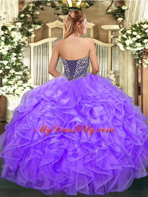 Lavender Sleeveless Organza Lace Up Ball Gown Prom Dress for Military Ball and Sweet 16 and Quinceanera