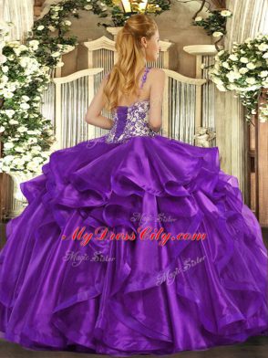 Clearance Eggplant Purple Ball Gowns Beading and Appliques and Ruffles Quinceanera Gowns Lace Up Organza Sleeveless Floor Length