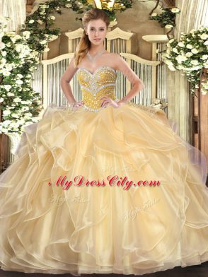 High End Champagne Organza Lace Up Quince Ball Gowns Long Sleeves Floor Length Beading and Ruffles