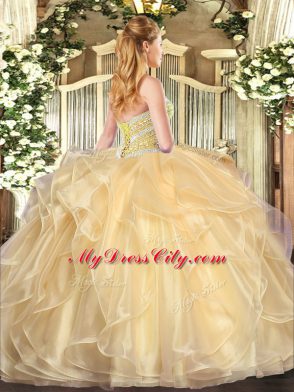 High End Champagne Organza Lace Up Quince Ball Gowns Long Sleeves Floor Length Beading and Ruffles