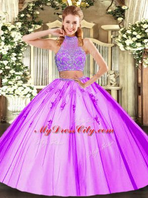 Amazing Lilac Two Pieces Tulle Halter Top Sleeveless Beading Floor Length Criss Cross 15th Birthday Dress