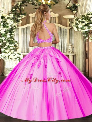 Amazing Lilac Two Pieces Tulle Halter Top Sleeveless Beading Floor Length Criss Cross 15th Birthday Dress