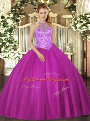 Fuchsia Satin Lace Up Vestidos de Quinceanera Sleeveless Floor Length Beading