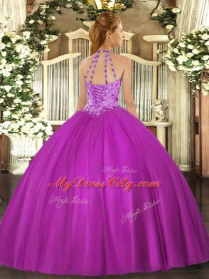 Fuchsia Satin Lace Up Vestidos de Quinceanera Sleeveless Floor Length Beading