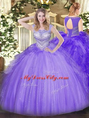 Popular Beading Quinceanera Gowns Lavender Lace Up Sleeveless Floor Length