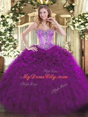 Eggplant Purple Sleeveless Organza Lace Up Vestidos de Quinceanera for Sweet 16 and Quinceanera