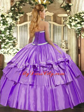 Lavender Sleeveless Appliques and Ruffled Layers Floor Length Vestidos de Quinceanera