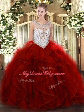 Glittering Sleeveless Floor Length Beading and Ruffles Zipper Sweet 16 Dress with Wine Red