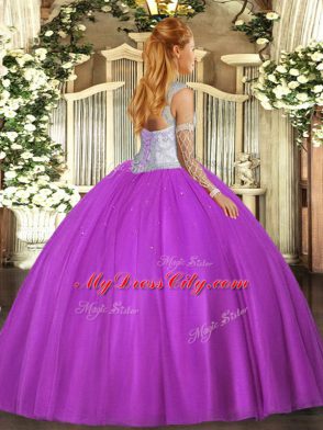 Floor Length Lace Up Ball Gown Prom Dress Fuchsia for Sweet 16 and Quinceanera with Beading