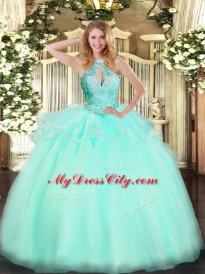 Best Aqua Blue Tulle Lace Up Halter Top Sleeveless Floor Length Quinceanera Dresses Beading