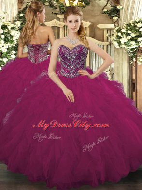 Fuchsia Ball Gowns Beading and Ruffled Layers 15 Quinceanera Dress Lace Up Tulle Sleeveless Floor Length