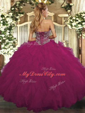 Fuchsia Ball Gowns Beading and Ruffled Layers 15 Quinceanera Dress Lace Up Tulle Sleeveless Floor Length