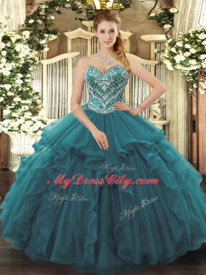 Glorious Turquoise Quince Ball Gowns Military Ball and Sweet 16 and Quinceanera with Beading and Ruffles Sweetheart Sleeveless Lace Up