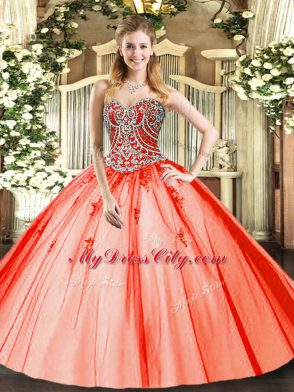 Chic Ball Gowns 15th Birthday Dress Orange Red Sweetheart Tulle Sleeveless Floor Length Lace Up