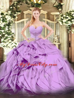 Sleeveless Floor Length Beading and Ruffles Lace Up Vestidos de Quinceanera with Lavender