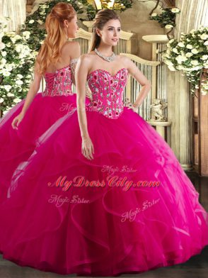 Sweet Fuchsia Lace Up Quinceanera Dress Embroidery and Ruffles Sleeveless Floor Length