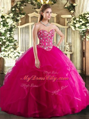 Sweet Fuchsia Lace Up Quinceanera Dress Embroidery and Ruffles Sleeveless Floor Length