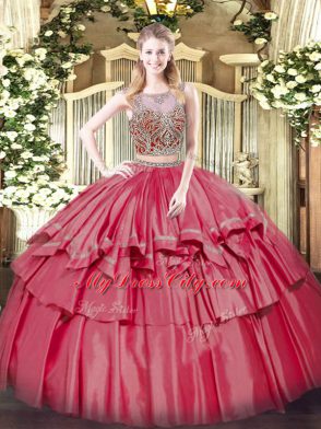 Coral Red Scoop Lace Up Beading and Ruffled Layers Sweet 16 Dresses Sleeveless