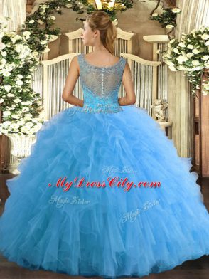 Super Tulle Scoop Sleeveless Clasp Handle Beading and Ruffled Layers Ball Gown Prom Dress in Aqua Blue