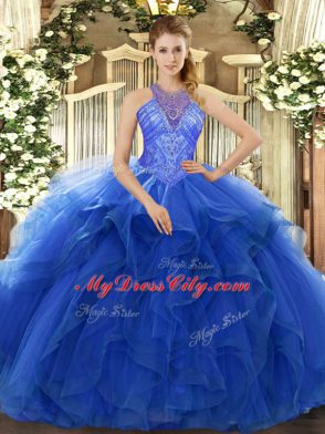 Fashion Blue Organza Lace Up Quinceanera Dress Sleeveless Floor Length Beading and Ruffles