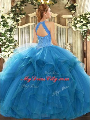 Fashion Blue Organza Lace Up Quinceanera Dress Sleeveless Floor Length Beading and Ruffles