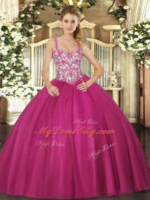 Spectacular Fuchsia Mermaid Beading and Appliques Vestidos de Quinceanera Lace Up Tulle Sleeveless Floor Length